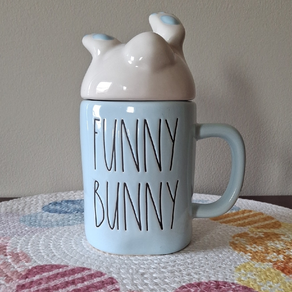 Rae Dunn Funny Bunny Baby Blue Mug with Bunny Legs Lid NWOT